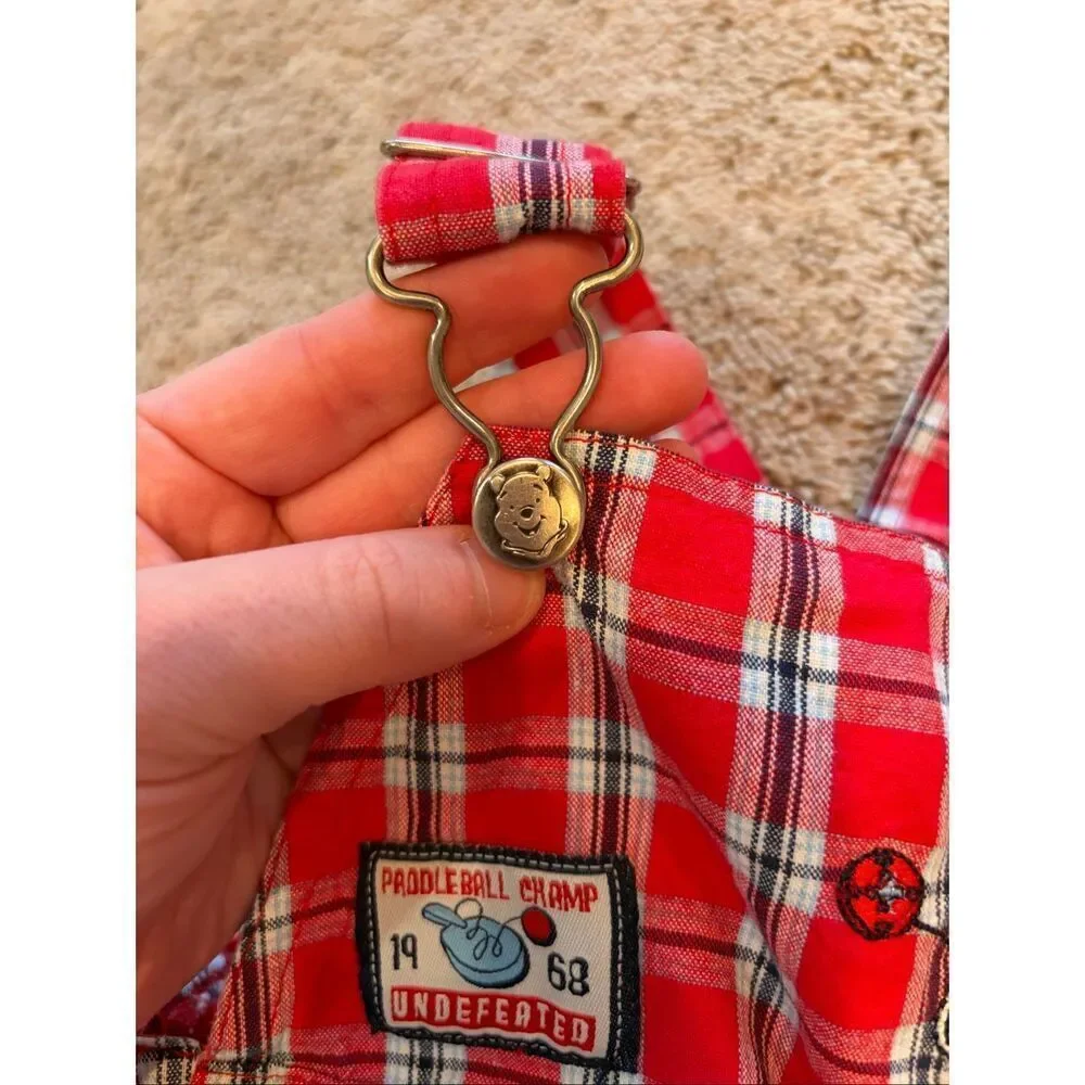 Vintage Disney Winnie the Pooh Plaid Shortalls Embroidered Baby Outfit 6-9 Month